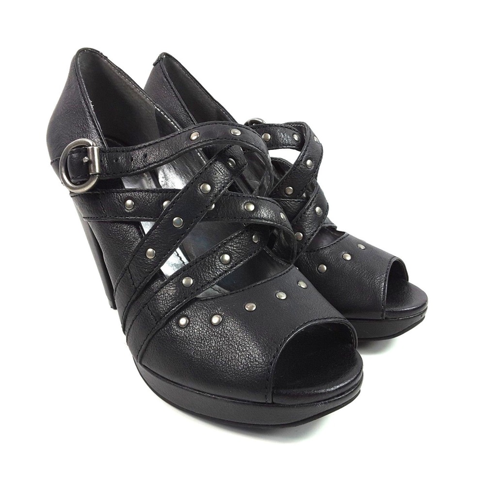 Gianni Bini Women's Sz 7M‎ Black Leather Studded Strappy Heels Peep Toe Platform